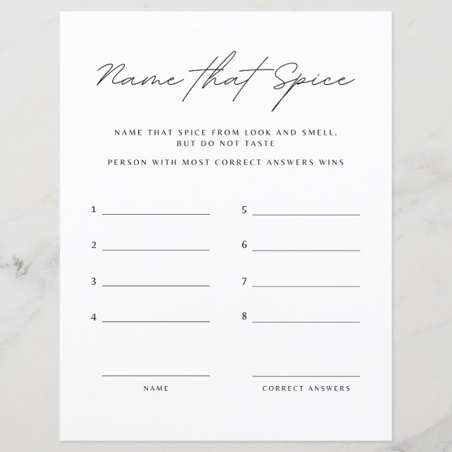 Lámina Nombre que juego de ducha de novia con especias (Anverso)