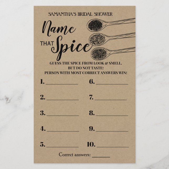 Lámina Nombre que juego de ducha de novia Spice bridal es (Anverso)