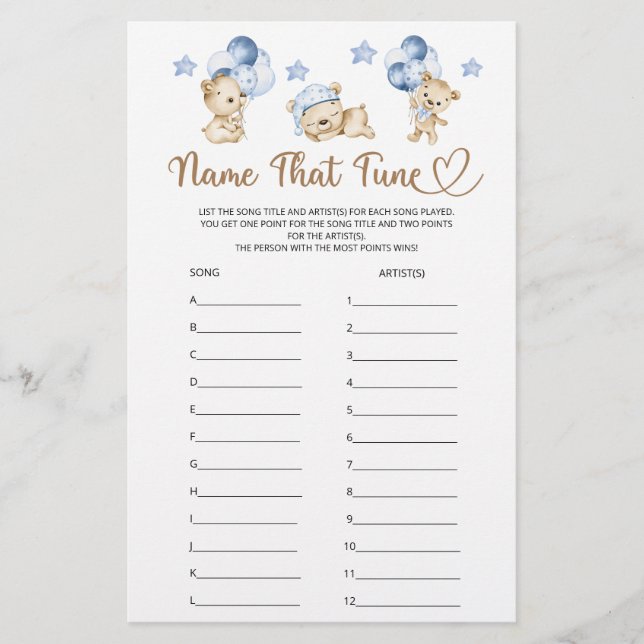 Lámina Nombre Que Tune Teddy Bear Boy Baby Shower (Anverso)