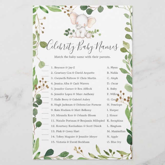 Lámina Nombres de bebés elefantes de Baby Shower (Anverso)