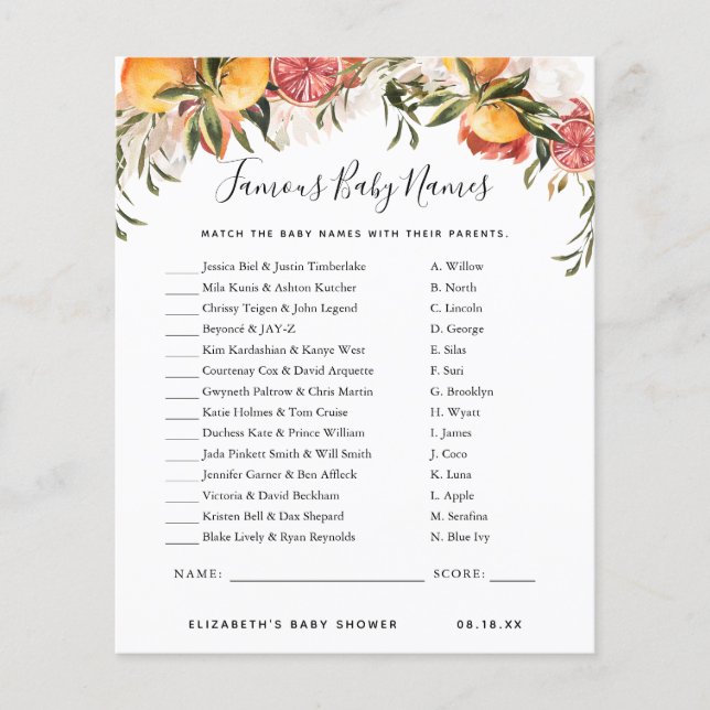 Lámina Nombres de bebés famosos | Juego Baby Shower (Anverso)