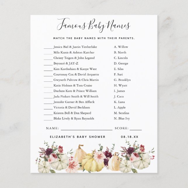 Lámina Nombres de bebés famosos | Juego Baby Shower (Anverso)