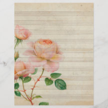 Notas musicales de sepia de época con rosa rosa ro