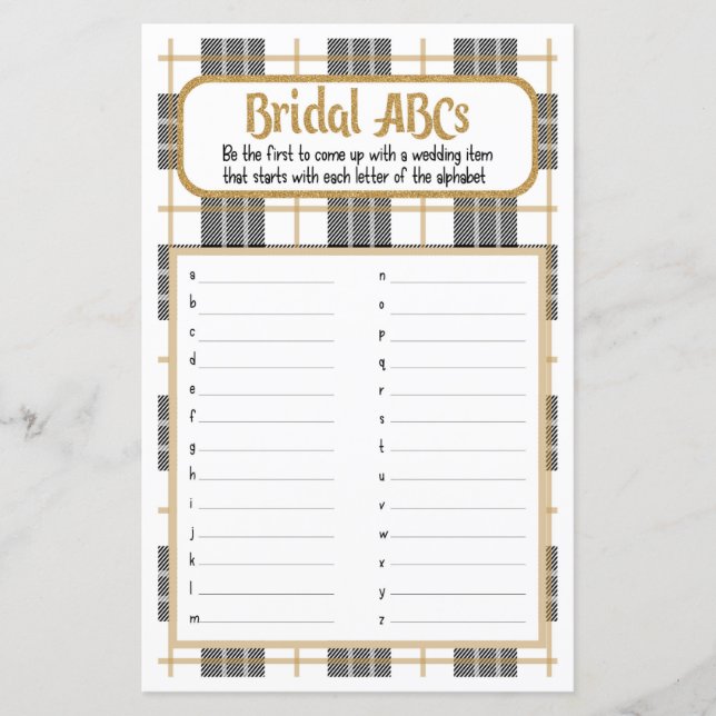 Lámina Novia ABC White Flannel Bridal Shower Game (Anverso)