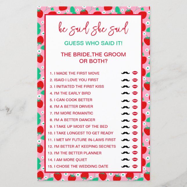 Lámina Novia de fresa o adivina quién dijo el juego (Anverso)