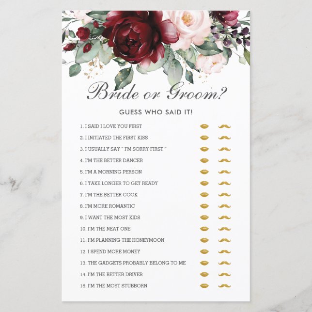 Lámina Novia floral borgoñona o adivina quién lo dijo (Anverso)