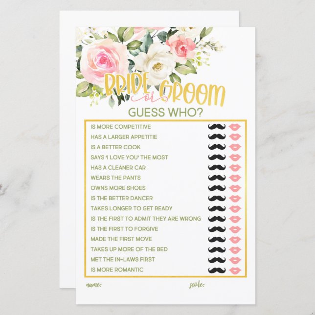 Lámina Novia o Groom - Adivina quién - Floral rosa y oro (Anverso / Reverso)