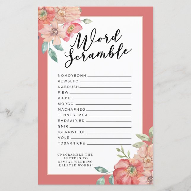 Lámina Novias Shower Games Word Scramble Game Pink Flower (Anverso)