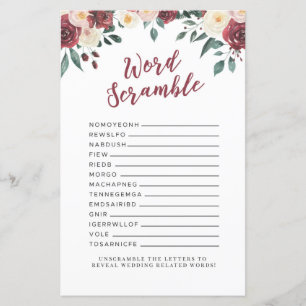 Lámina Novias Shower Games Word Scramble Game Red Floral