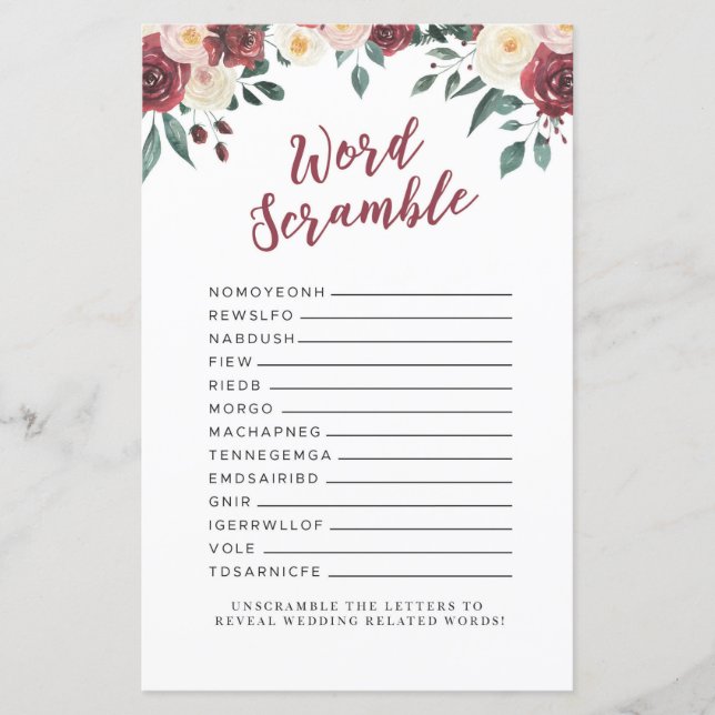Lámina Novias Shower Games Word Scramble Game Red Floral (Anverso)