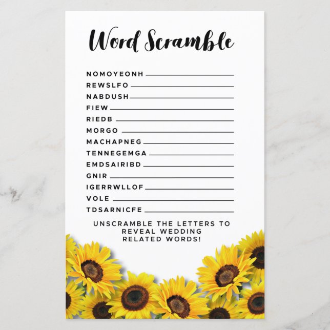 Lámina Novias Shower Games Word Scramble Game Sunflower (Anverso)