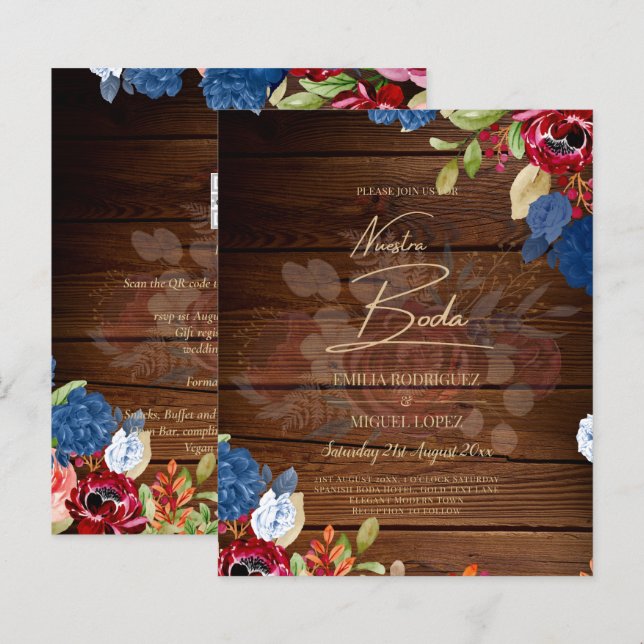 Lámina NUESTRA BODA Burgundy Blue Floral Wedding INVITE (Anverso / Reverso)