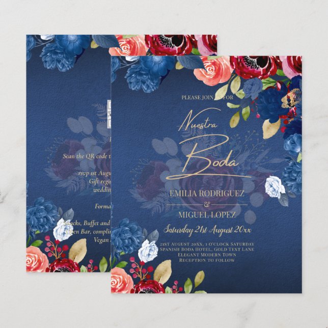 Lámina NUESTRA BODA Burgundy Blue Floral Wedding INVITE (Anverso / Reverso)