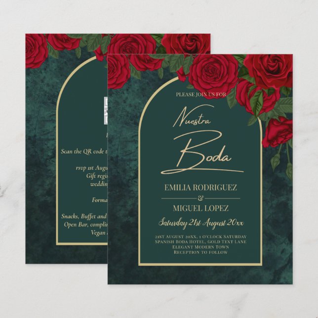 Lámina NUESTRA BODA Green Gold RED Roses Winter INVITE (Anverso / Reverso)