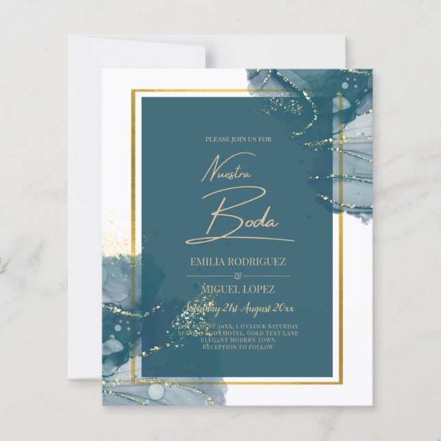 Lámina NUESTRA BODA Peacock Blue Gold Wedding Invitado (Anverso)
