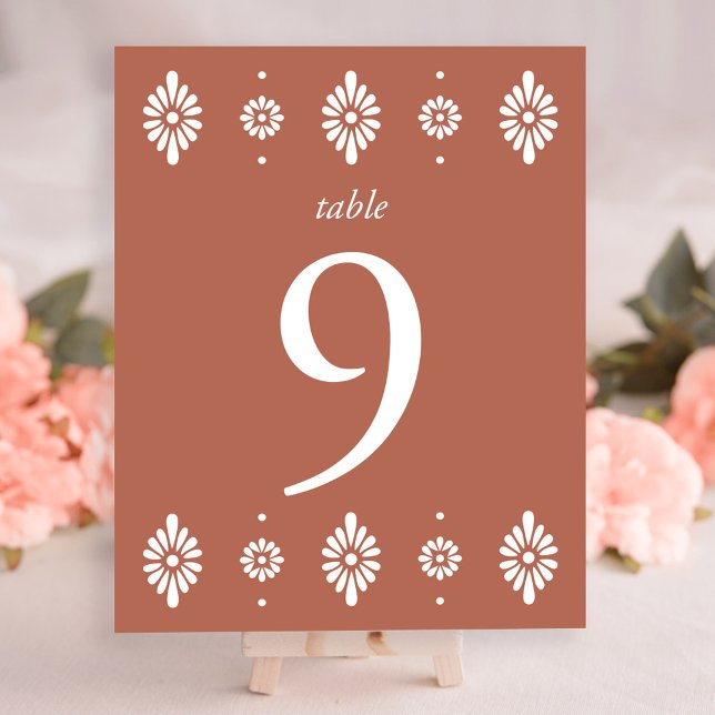 Lámina Número de tabla de Boda de Cotta de Tierra de Méxi (Mexican Terra Cotta Wedding Table Number by Fiesta Valley Print)