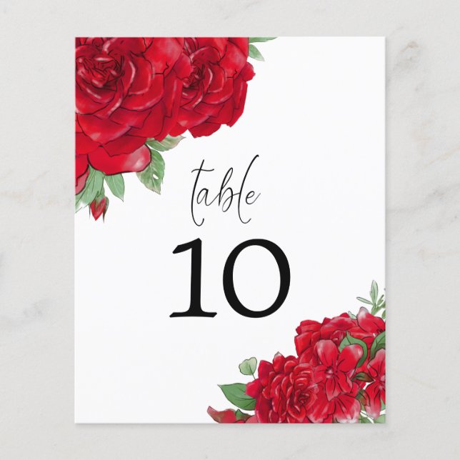 Lámina Número de tabla de Boda de script de rosas rojas (Anverso)