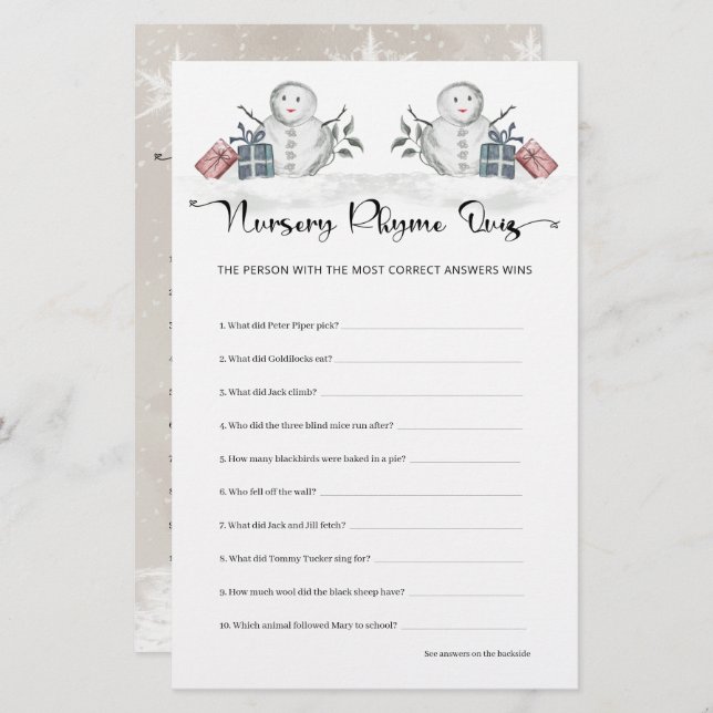 Lámina Nursery Rhyme Prueba Snowman Baby Shower (Anverso / Reverso)