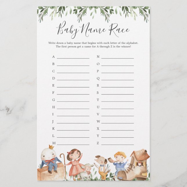 Lámina Nursery Rhymes Baby Shower Nombre Race Game (Anverso)