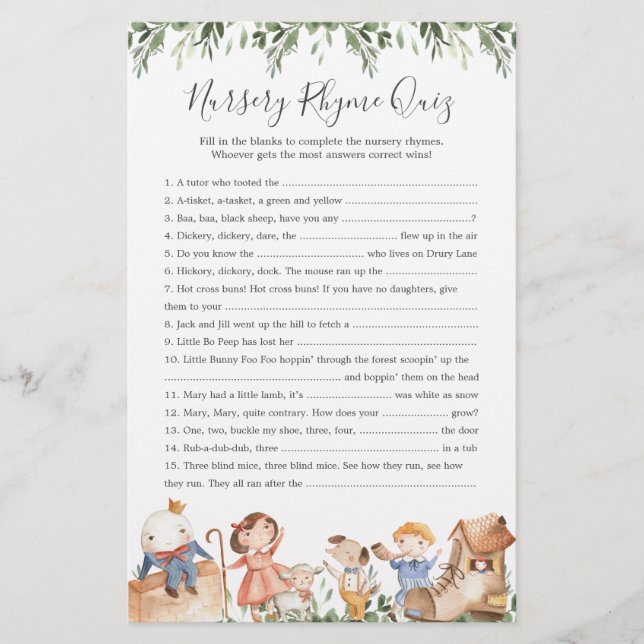 Lámina Nursery Rhymes Baby Shower Rhyme Prueba (Anverso)