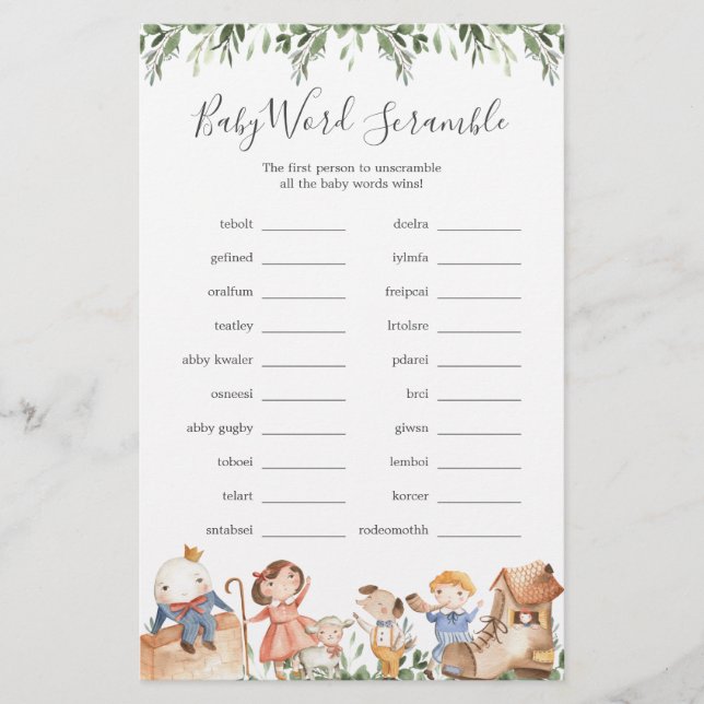 Lámina Nursery Rhymes Baby Shower Word Scramble Game (Anverso)