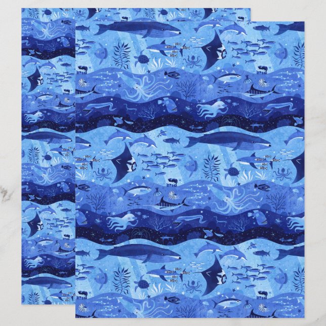 Lámina Ocean Depth Zones - Marine Animals Scrapbook Paper (Anverso / Reverso)