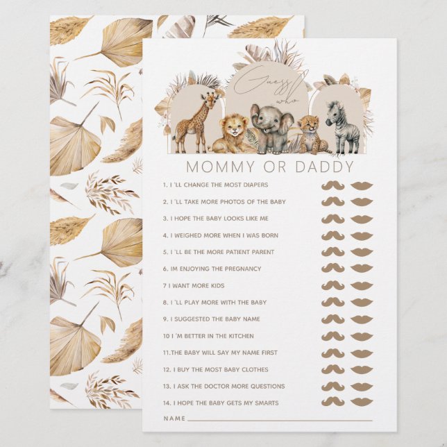 Lámina Oh Baby Safari Animals Boho juego de Baby Shower (Anverso / Reverso)