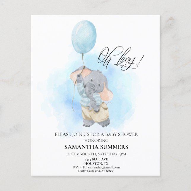 Lámina Oh Boy Elephant Watercolor Azul Baby Shower (Anverso)