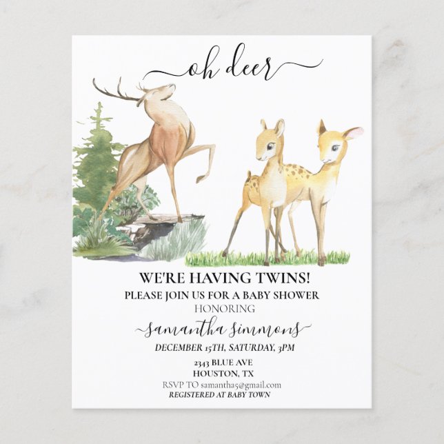Lámina Oh Deer Baby ducha Twins Watercolor (Anverso)