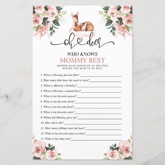 Lámina Oh Deer Baby Floral Quien Conoce A Mamá Mejor Jueg (Anverso)