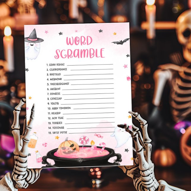 Lámina Oh Juego de Palabras de Chapa Ghoul Halloween (Pink Oh Sheet Baby Shower Word Scramble Game)