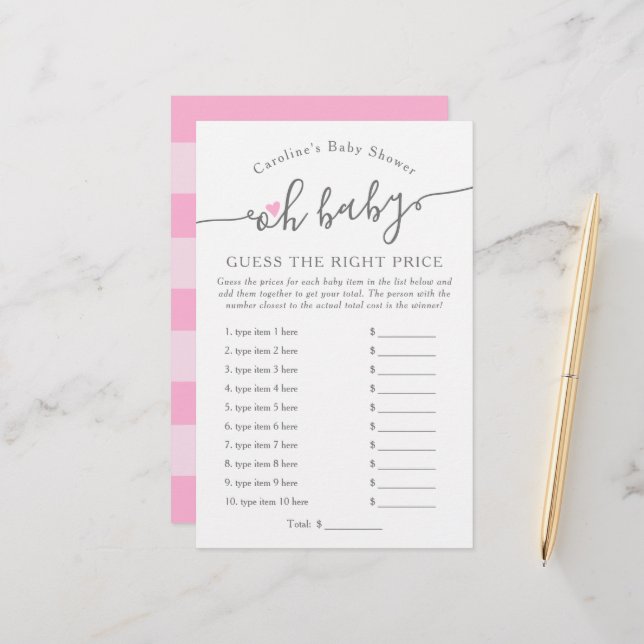 Lámina Oh Niña Bebé Adivina Precio Juego de Baby Shower R (Anverso/Reverso In Situ)
