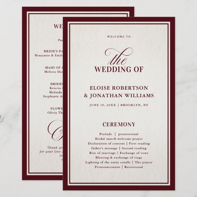 Lámina Old Money Modern Formal Burgundy Wedding Program (Anverso / Reverso)