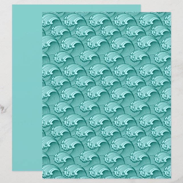 Lámina Ondas japonesas vintage, turquesa y Aqua (Anverso / Reverso)