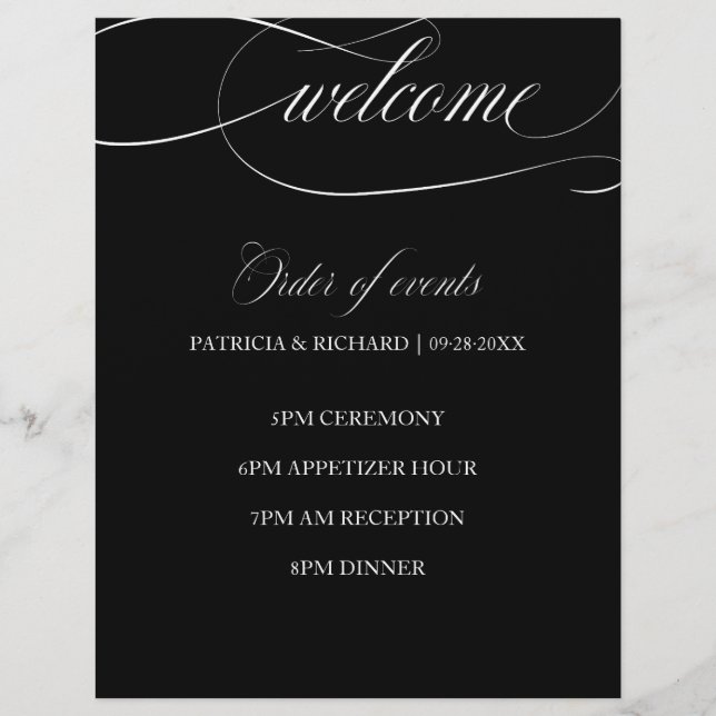 Lámina Orden de Eventos de Boda Chic Negro y Blanco (Anverso)