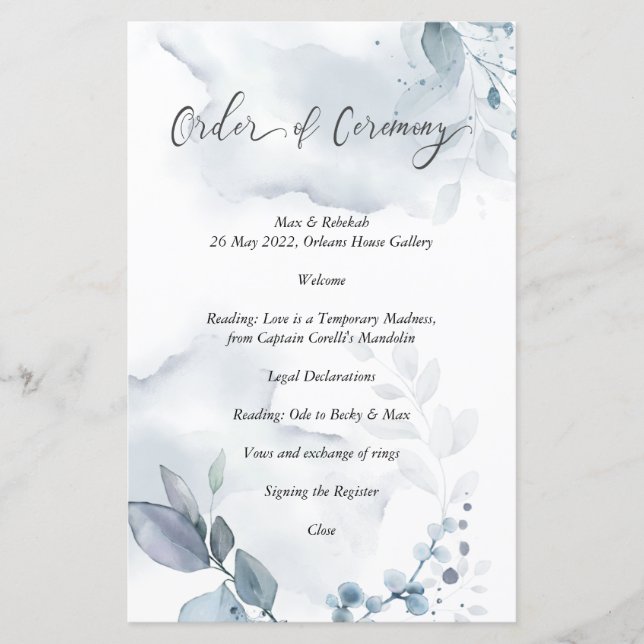 Lámina Orden de la Ceremonia Wispy Dusty Blue Foliage (Anverso)