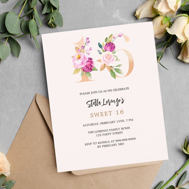 Lámina Oro de melocotón rosa con flores Sweet 16 invitaci (Subido por el creador)