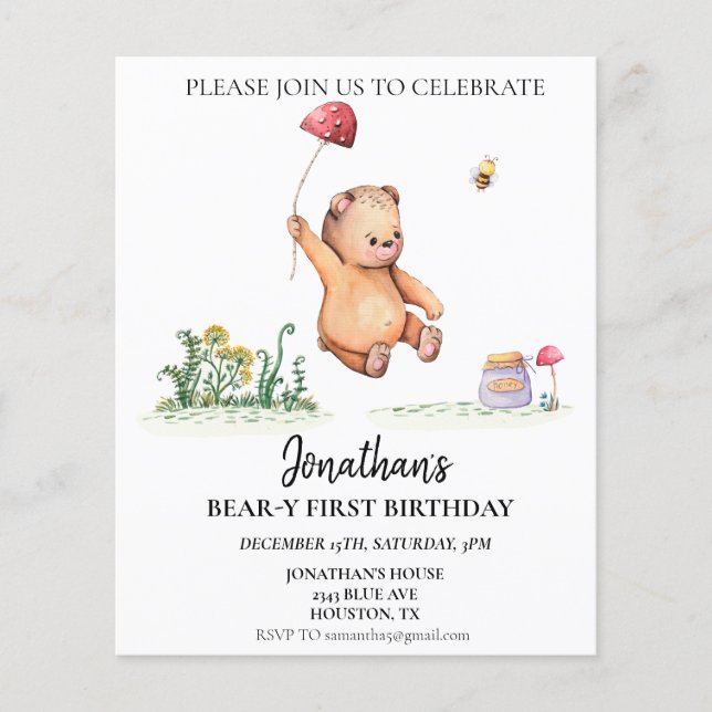 Lámina Oso 1er Primer Cumpleaños Acuarela Oso Lindo  (Anverso)