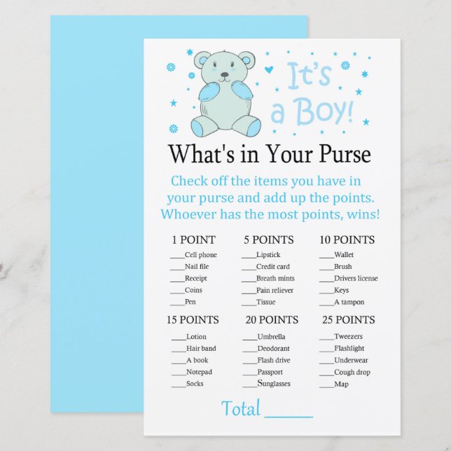 Lámina Oso azul ¿Qué hay en tu juego de bolso? (Anverso / Reverso)