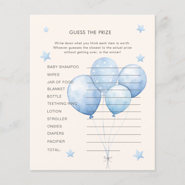 Lámina Oso de peluche azul adivina el juego de Baby Showe (Anverso)