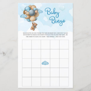 Lámina Oso de peluche azul globos marrón niño bingo bebé