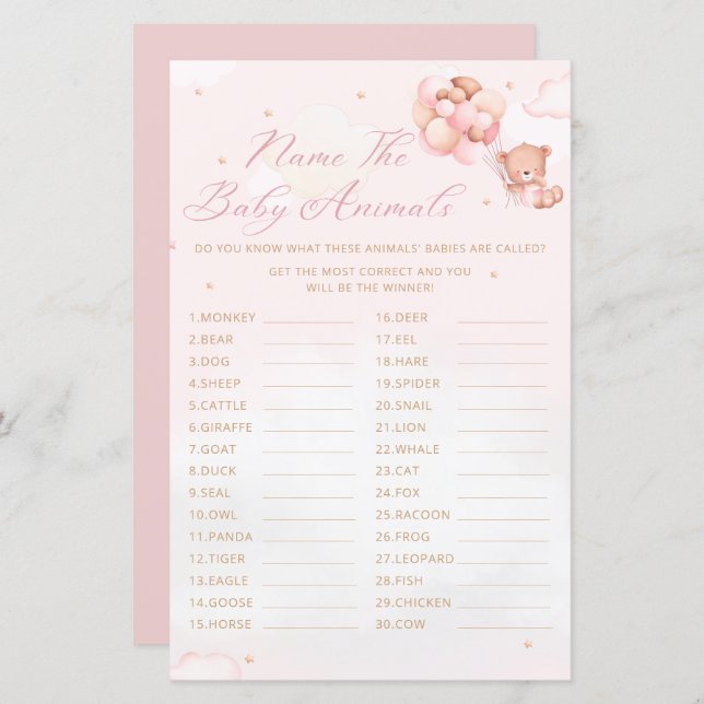 Lámina Oso de peluche nombra juego de Baby Shower para an (Anverso / Reverso)