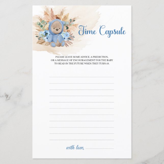 Lámina Oso de peluche pampas flores azules Time Capsule (Anverso)