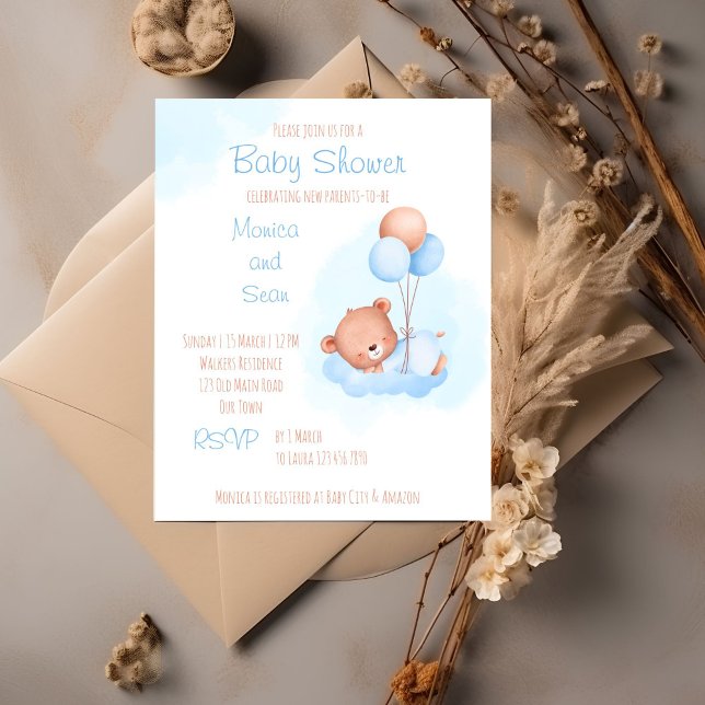 Lámina Oso de peluche pastel con globos de la ducha de be (Teddy bear themed bearly wait baby shower editable template invitation cute teddy with balloons boy)