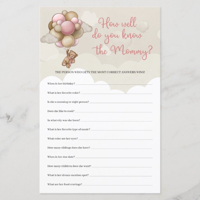 Lámina Oso de peluche rosa ¿Qué tan bien conoces a la mam (Anverso)