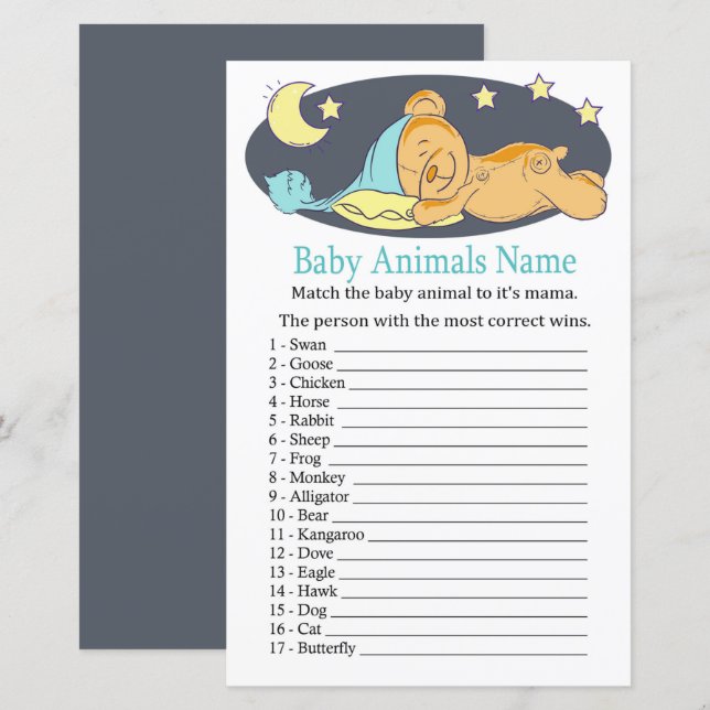 Lámina Oso de peluche somnoliento Bebé Animales Nombre Ju (Anverso / Reverso)