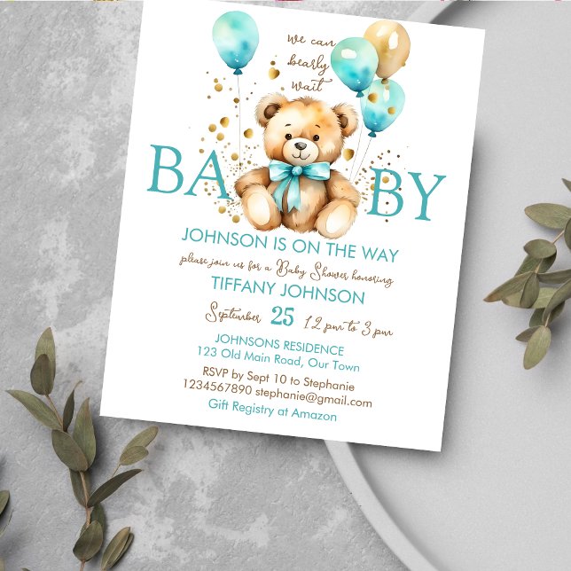Lámina Oso de Teddy espera espera bebé ducha presupuesto  (Bearly wait teddy bear baby shower budget affordable invitation cute teddy with a aqua blue balloons)
