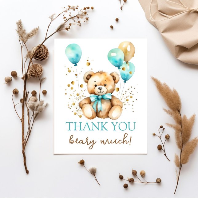 Lámina Oso de Teddy espera espera la ducha de bebé gracia (Teddy bear bearly wait baby shower thank you card ute teddy bear aqua blue ancd gold  balloons)