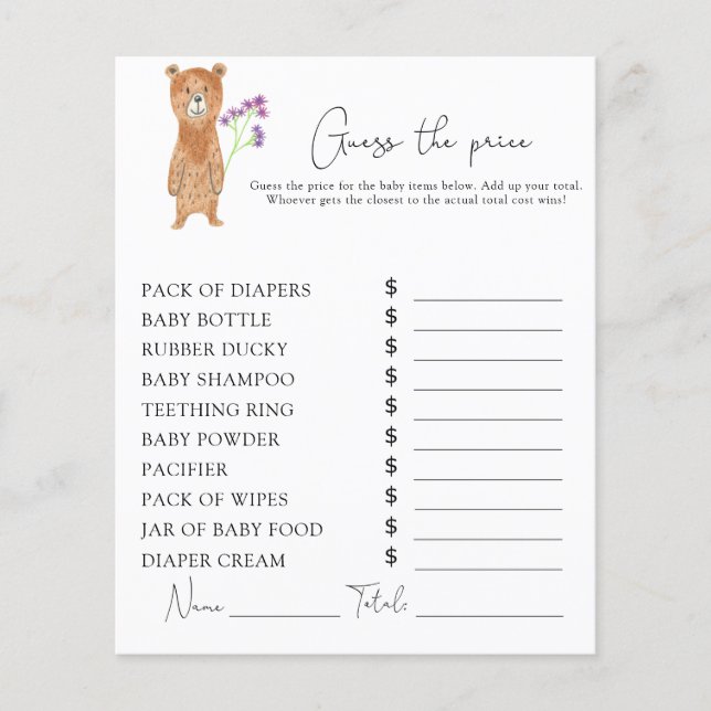 Lámina Oso - Juego de adivinanzas de precios (Anverso)