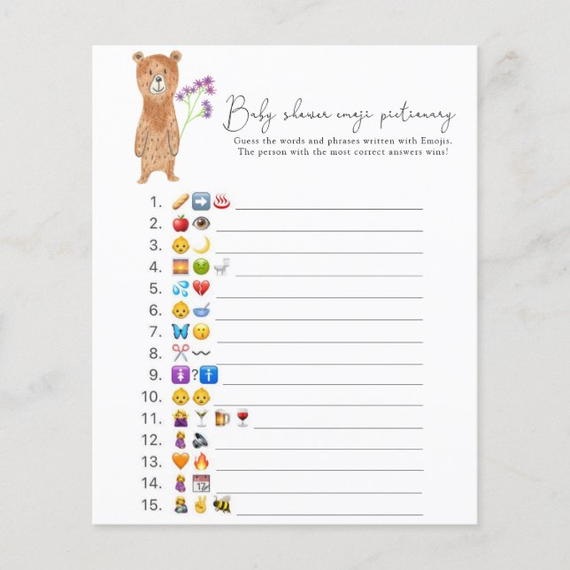 Lámina Oso - juego de imagen de Emoji con ducha de bebé (Anverso)